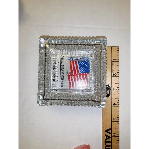 Glass Trinket Box w Lid Former McKinley Grand Hotel Canton Ohio 4" Square EUC - Picture 6 of 6